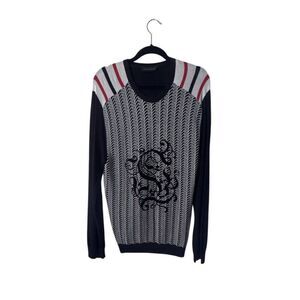 Striped Pullover Sweater With Dragon Pattern For Men By Pulltonic - XL